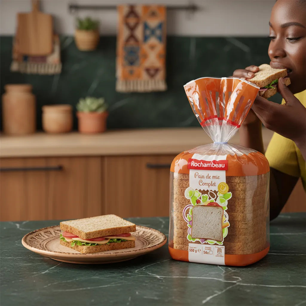 Femme dégustant un sandwich préparé avec le pain complet Rochambeau, pain de mie sain et riche en fibres, parfait pour repas équilibrés.